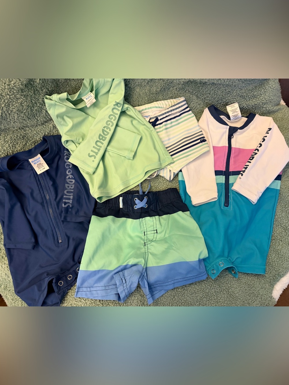 RuggedButts Green & Teal Swim Set - Rash Guard, Trunks & One-Pieces